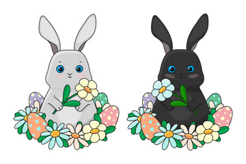 Easter black bunny and gray bunny with flowers and eggs on a white background. Vector illustration