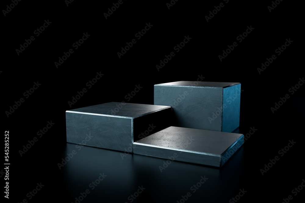 Poster podium for placing goods or text consisting of three illuminated cubes on a black background. 3d ren