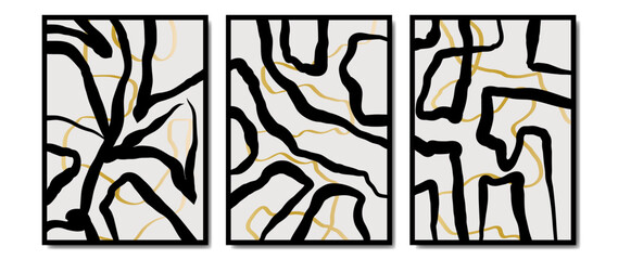 Set of abstract vector modern art. Paintings with black scribble strokes, with a golden line on the background. Art design illustration for wallpaper, decor, card, poster, cover, print.