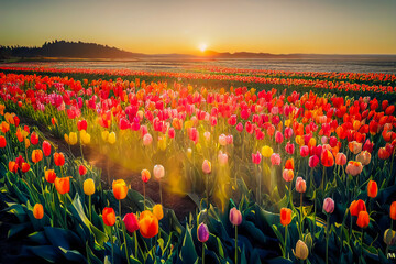 This colorful landscape features typical Dutch tulip bulbs in a bright and sunny environment. The different colors of the flowers shine brightly under the light. 3D illustration.