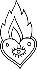 Flaming heart with eye. Alchemy doodle art. Witchcraft black and white line art. Occult symbols sketch drawing. Vector artwork