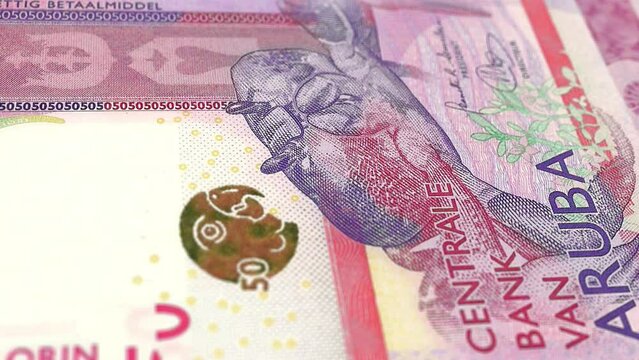 Aruba Aruban Florin 50 Banknotes, Fifty Aruban Florin, Close-up and macro view of the Aruban Florin, Tracking and Dolly Shots 50 Aruban Florin banknote Observe and Reserve Side, Aruban Florin Money