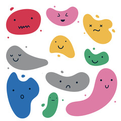 Abstract faces with cute and funny facial expressions set. Geometric shape characters with cute face, emotion.Round abstract comic Faces with various Emotions. Crayon drawing style.