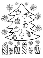 Christmas coloring page for small children. Christmas tree with ornaments, presents and snowflakes. Hand drawn vector illustration.