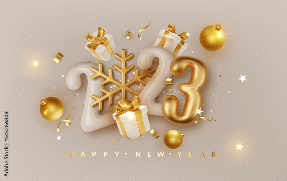 Poster 2023 realistic glossy 3d number with golden snowflake and gift boxes . happy new year and merry chri