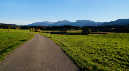 hiking trail overlooking scenic alpine lake Attlesee and the vast, lush, green meadows in the Bavarian Alps, Nesselwang, Allgaeu or Allgau, Germany