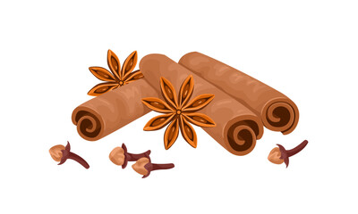 Anise stars, cloves and cinnamon sticks isolated on white background. Christmas aromatic spices. Vector cartoon illustration. Food icon.