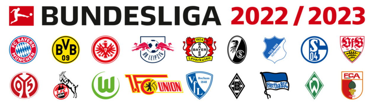Vector logo of the Bundesliga and all 18 football teams. German Professional Football League