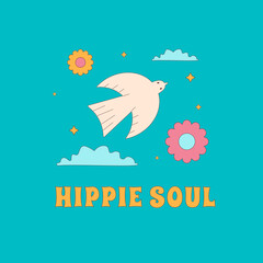Print with a dove flying in the clouds and flowers with the inscription Hippie soul. Retro sticker design in the style of the 1960s, 1970s.