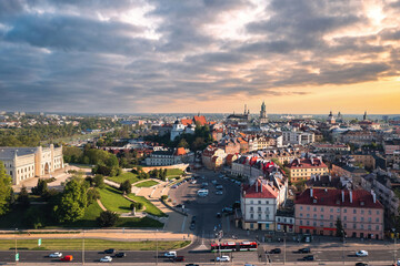 Beautiful panoramic skyline cityscape of Lublin, Lesser Poland. Aerial panorama of the old town at sunset