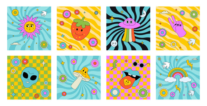 A set of bright psychedelic square illustrations, stickers, patches with different elements in the style of 60s, 70s.