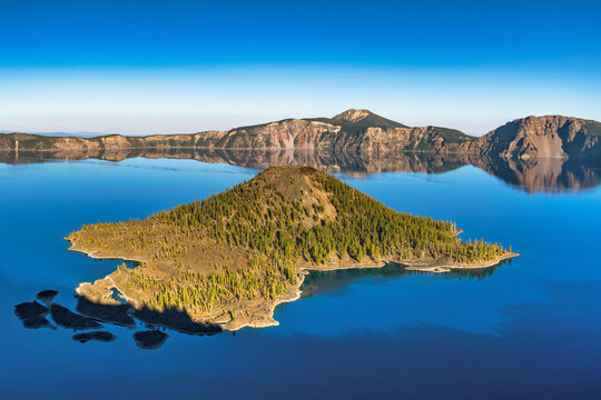View of Crater Lake on a clear and calm summer evening.