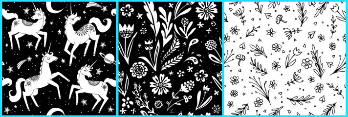 These pretty unicorn ponies are in outer space. Coordinating floral patterns included. Black and white with texture to simulate a woodcut print. Seamless vector patterns are great for surface designs. © DezziDesign