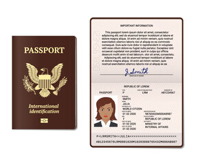Passport fold with a female name, surname and photo and  a fictitious signature. Vector illustration. Passport cover template. Lorem ipsum text instead of real data.