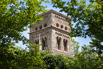 Obraz premium Detail of the bell tower of the Monastery of Sant Pere de Rodes, Romanesque style.