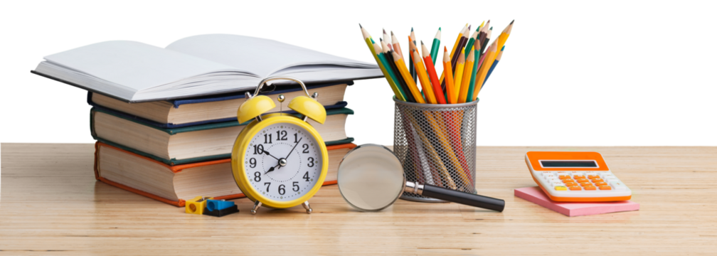 Stacked books with colorful pencils on the desk