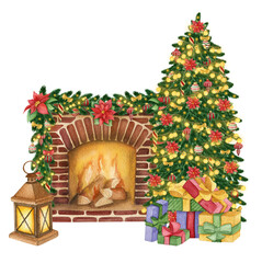 Watercolor Christmas  tree and fireplace - 545289400