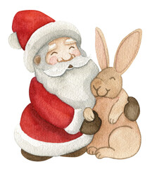 Cute Santa Claus and rabbit. Watercolor hand drawn - 545289610