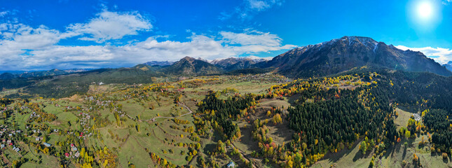 Autumn view in Savsat. Artvin, Turkey. Beautiful autumn landscape with colorful trees. Aerial drone shot.