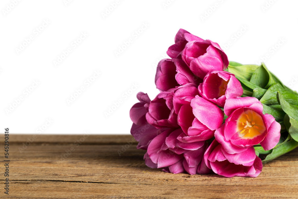 Poster Bright pink tulips bouquet on  background