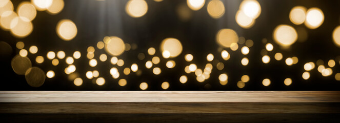 empty table with a defocused bokeh background of christmas lights