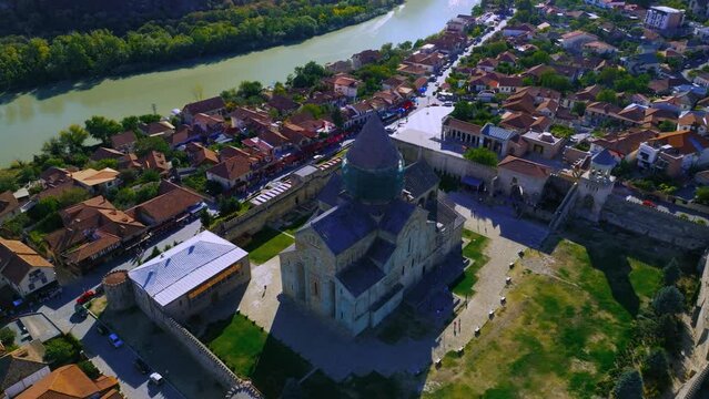 Drone view of the most famous cathedral in Georgia, Svetitskhoveli. The cathedral is one of the best monuments of Mtskheta. 