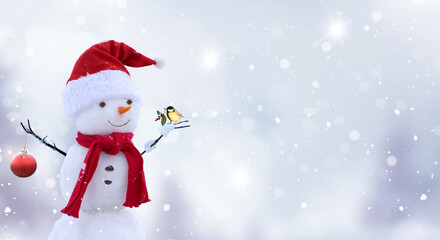 Merry christmas and happy new year greeting card with copy-space.Happy snowman standing in winter ...