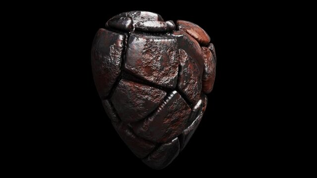 Realistic seamless looping 3D animation of the spinning cracked rusty silver metal aged weathered heart rendered in UHD with alpha matte