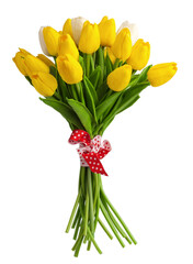 Bright tulips bouquet on colorful background