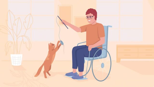Animated man and cat illustration. Person in wheelchair playing with pet. Domestic lifestyle Looped flat color 2D cartoon character animation video in HD with living room on transparent background