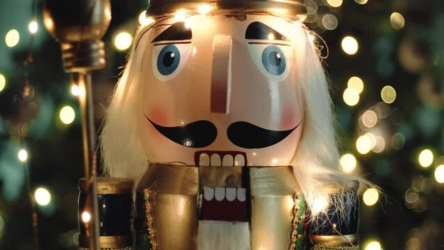 Nutcracker puppet talking against the Christmas tree