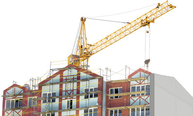 Construction site with crane and building on white