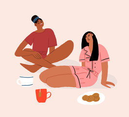 two girls are talking and drinking tea. Women friendship and communication. Flat vector illustration. Vector illustration