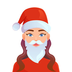 Cute girl wearing santa claus clothes and beard. Portrait of funny character isolated on white background. Vector Illustration.