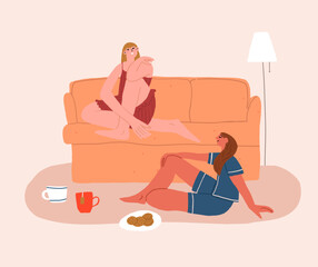 two girls are talking sitting on the couch. Women friendship and communication. Flat vector illustration. Vector illustration