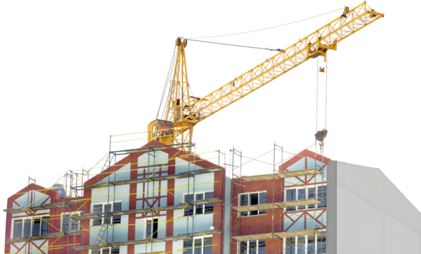 Construction site with crane and building on white