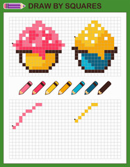 Draw desserts by squares. Copy the picture. Game for kids.