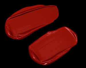 swatch of matte crimson red lipstick, bright color cosmetic product stroke, acryl gouache oil paint texture, cosmetic or beauty product texture, nail polish, liquid blush, eyeshadow, lipgloss on black