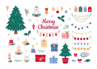 Naklejka premium Cute Christmas and New Year collection of seasonal elements. Vector illustration on white background.