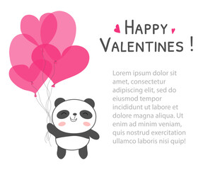 Happy Valentines day cute kawaii panda with heart shaped baloons. Greeting card, postcard template with copy space for text Vector illustration isolated on white background
