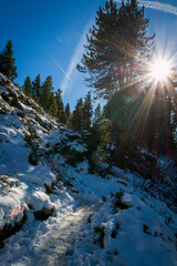 Chamrousse France 06 11 2022 winter hike around Lac Achard, pretty mountain lake located at 1917...