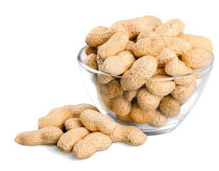 Processed peanuts isolated in glass bowl on white background