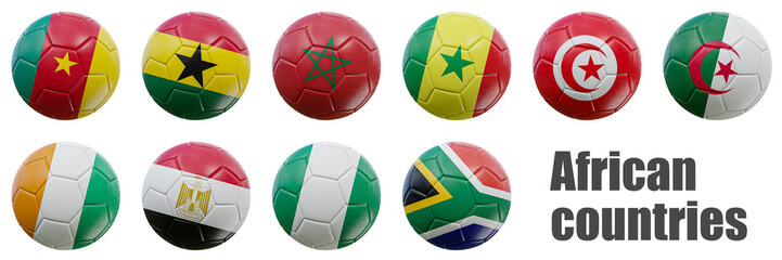Set of 10 African countries represented with their flags on footballs. 3D illustration isolated on a white background.