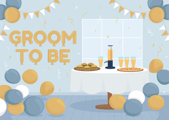 Home bachelor party flat color raster illustration. Groom to be. Stag weekend. Pre wedding event for groomsmen. 2D simple cartoon interior with decorated room on background