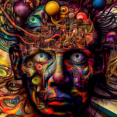 Fototapeta premium Schizophrenie Psyche Psychose gespaltene Persönlichkeit Gemütskrankheit Wahrnehmung sozialer Rückzug Freudlos Motivationslos AI Digital Art Illustration Background Backdrop