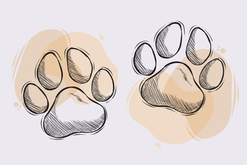 Hand drawn dog or cat paws, outline drawing of two pet paw against beige watercolors - obrazy, fototapety, plakaty