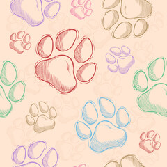 Hand drawn seamless pattern with dog or cat paws, outline drawing pattern with pet paw