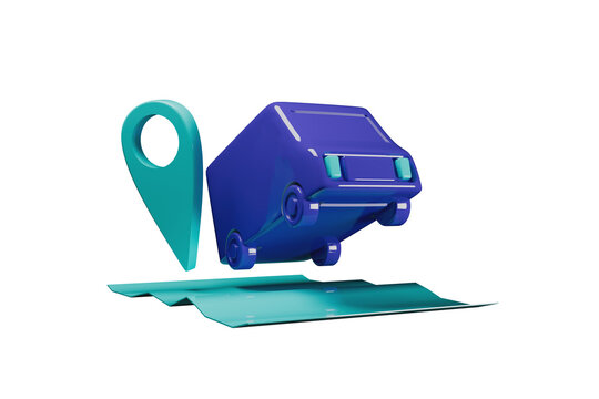 Purple van delivery and map with location 3d render.
