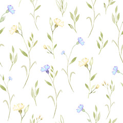 Watercolor seamless pattern with abstract gentle flowers, leaves, branches. Hand drawn floral illustration isolated on white background. For packaging, wrapping design or print. Vector EPS.