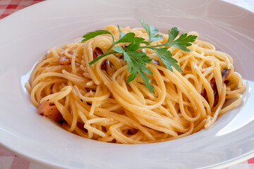 Classic pasta carbonara. Spaghetti with bacon and Salsa on white plate on red plaid background.